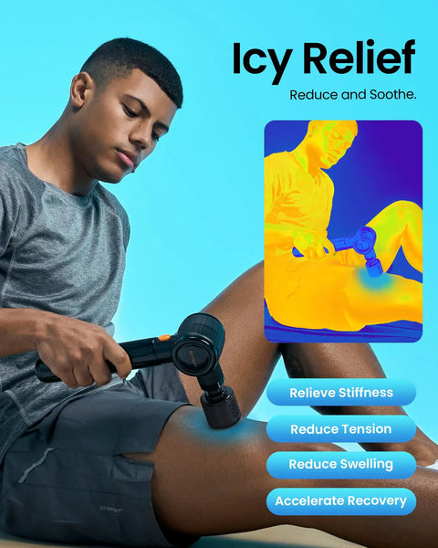 Man using Deep Tissue Massage Gun With Heat And Cold Therapy on thigh, shown in thermal imaging, for muscle soreness relief.