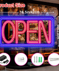 16.5 By 9 Inch Horizontal LED Open Sign For Biz, ultra bright, in storefront window, with power adapter and mounting accessories shown