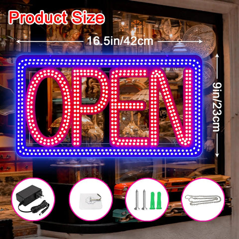 16.5 By 9 Inch Horizontal LED Open Sign For Biz, ultra bright, in storefront window, with power adapter and mounting accessories shown