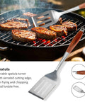 Heavy Duty Rosewood BBQ Tools Set For Grilling with spatula turning steaks on outdoor grill, stainless steel, anti slip handle
