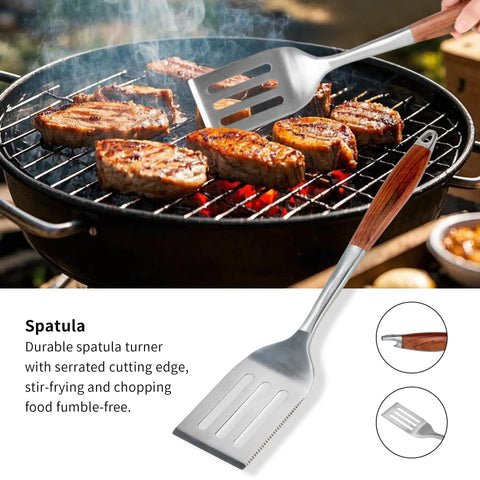 Heavy Duty Rosewood BBQ Tools Set For Grilling with spatula turning steaks on outdoor grill, stainless steel, anti slip handle