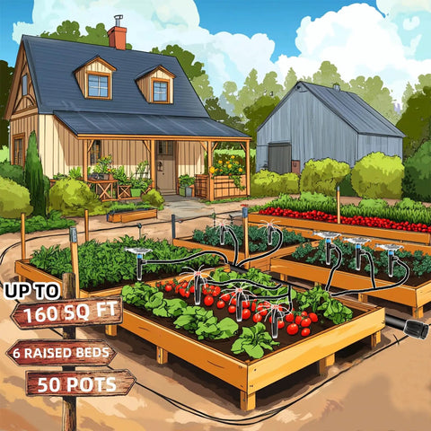 233-Foot Drip Irrigation System Kit With Timer in use on raised garden beds in a yard, showing tubing and sprayers with vegetables.
