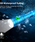 Ultra Bright Scuba Diving Light With 3 Modes And Power Indicator IP68 Waterproof Rechargeable Torch illuminated underwater.