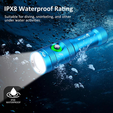 Ultra Bright Scuba Diving Light With 3 Modes And Power Indicator IP68 Waterproof Rechargeable Torch illuminated underwater.