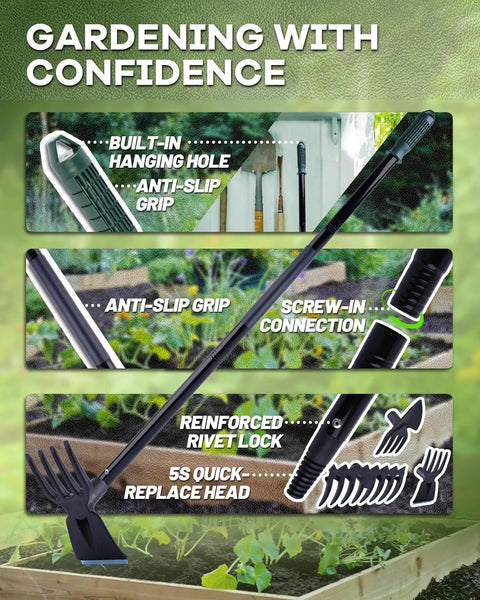 5 In 1 Garden Hoe With Adjustable 37 To 50 Inch Handle And Snap On Heads For Weeding Cultivating Tilling And Raking A Real Workhorse Outdoor Tool with anti-slip grip and replaceable head
