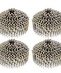 Four coils of Stainless Steel Ring Shank Siding Nails 1-3/4-Inch X.090-Inch, 15-Degree Collated Wire Coil for outdoor use.
