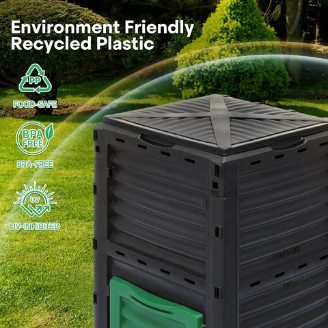 80 Gallon Outdoor Compost Bin With Snap On Lid And Aeration Vents in garden setting, showing BPA-free recycled plastic material.