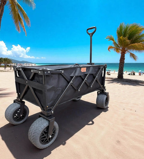 All Terrain Beach Wagon With Big 9 Inch Off Road Wheels For Sand on a beach with palm trees in the background.