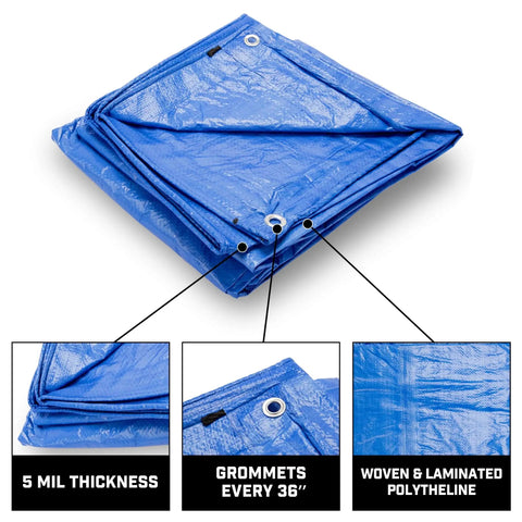 Heavy Duty Waterproof Poly Tarp 12x16 Foot with True 8x8 Weave Grommets Every 36 Inches Tough As Nails All Purpose Shelter displayed folded
