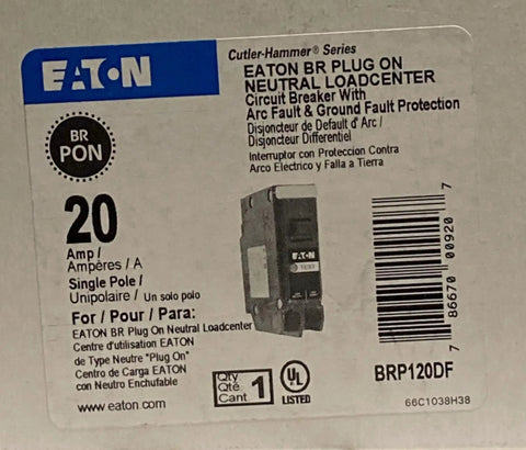Label of Eaton BR plug-on neutral loadcenter circuit breaker with arc fault & ground fault protection, 20A single pole.