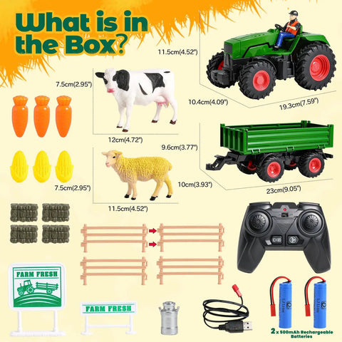 Remote Control Tractor Toy Set With Dump Trailer LED Lights Dual Rechargeable Batteries 2 4 GHz Controller And Farm Accessories Cow Sheep Hay Bales Fences For Kids Aged 3 4 5 6 7 8 complete set contents.