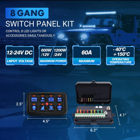 All In One Universal 8 Gang Switch Panel Kit with Automatic Dimmable Momentary Push Button, car background