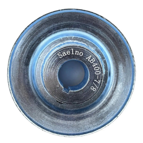 Top view of 4 Inch Outside Diameter Single Groove V Belt Pulley For A B 5L 4L Belts Seven Eighths Inch Bore Carbon Steel Zinc Plated Motor Pulley Durable 1020 Steel Construction