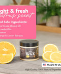 Soapstone and Concrete Countertop Wax 6 oz Orange Lemon Scent with Carnauba and Beeswax That Builds a Non Greasy Protective Barrier Against Stains and Spills on Stone Slate Concrete and Butcher Block Surfaces, jar with orange slices