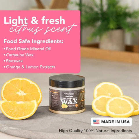 Soapstone and Concrete Countertop Wax 6 oz Orange Lemon Scent with Carnauba and Beeswax That Builds a Non Greasy Protective Barrier Against Stains and Spills on Stone Slate Concrete and Butcher Block Surfaces, jar with orange slices