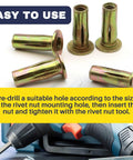 50 Pack 1/4-20 Multi-Grip Rivet Nuts Zinc Plated Steel Construction With Pre-Bulbed Shank Flat Head Threaded Insert Nut For Automobiles And Household Projects Terixe, shown with pre-drilling instructions and a power drill.