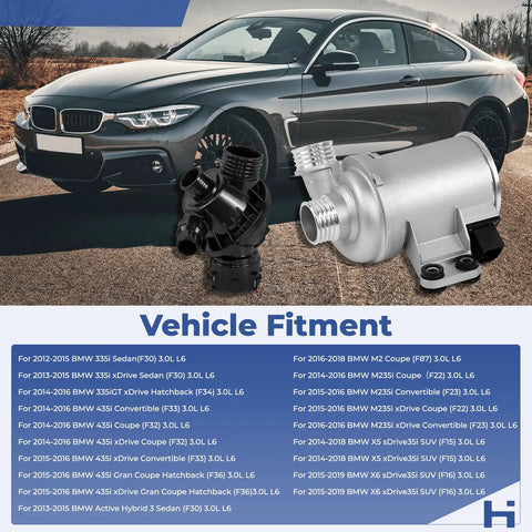 Straight Bolt On Electric Engine Water Pump With Thermostat Housing Badass Cooling Fix Fresh Swap For Bmw 335I 335I xDrive 435I X5 X6 M2 M235I with vehicle fitment details.