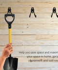 8 Pack Hang All Your Gear Heavy Duty Garage Hooks Wall Mount Set For Ladders Garden Tools Bikes And More Steel Utility Organizer With Non Slip Rubber Coating Easy Install Durable Tool Storage System installing shovel on wooden wall
