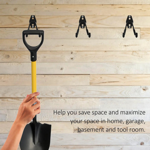 8 Pack Hang All Your Gear Heavy Duty Garage Hooks Wall Mount Set For Ladders Garden Tools Bikes And More Steel Utility Organizer With Non Slip Rubber Coating Easy Install Durable Tool Storage System installing shovel on wooden wall