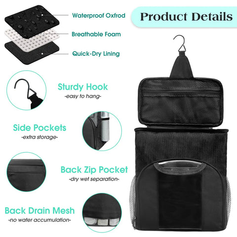 Mesh Shower Caddy Tote for Dorms and Travel product details with sturdy hook, back zip pocket, and side pockets.