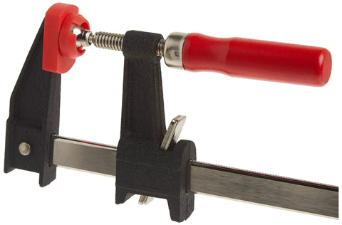 Clutch Style Bar Clamps 12 Inch 600 Lb Capacity, Ergonomic Handle, Non Marring Pads, Durable Cast Iron Jaws, Serrated Rail for Carpentry and Cabinetry, Heavy Duty Woodworking Clamp close-up
