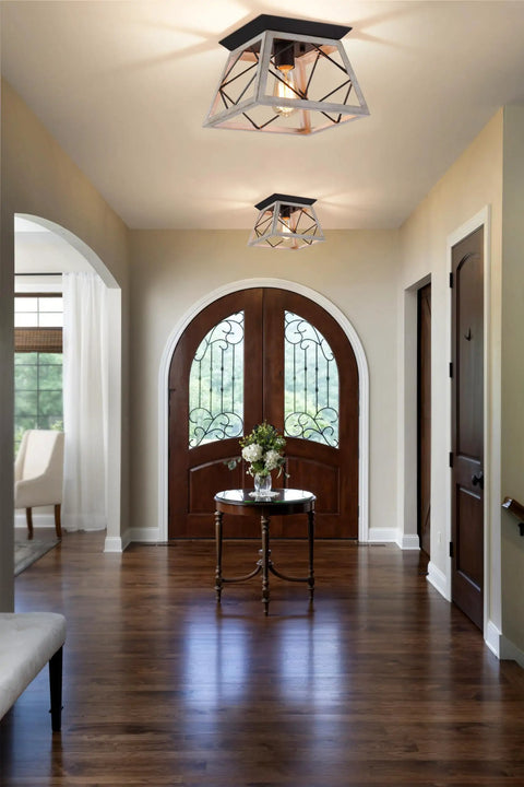 Entryway with Rustic Farmhouse Flush Mount Ceiling Light Fixture With Wrought Iron Oak White Accents And ORB Details For Hallway
