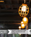 Close-up of Built Tough Construction Cage String Lights 100 ft long with 10 E26 medium base sockets, ETL certified for jobsites.