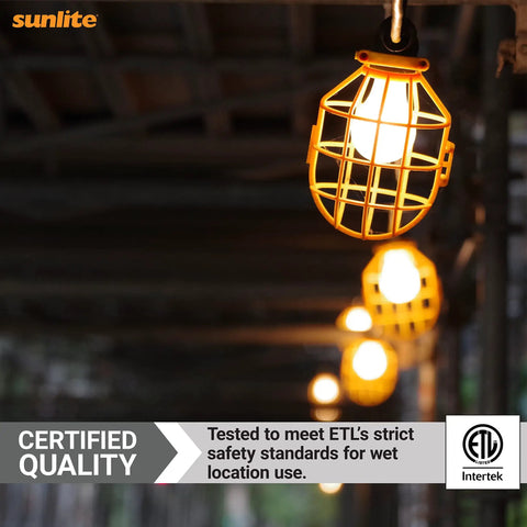 Close-up of Built Tough Construction Cage String Lights 100 ft long with 10 E26 medium base sockets, ETL certified for jobsites.