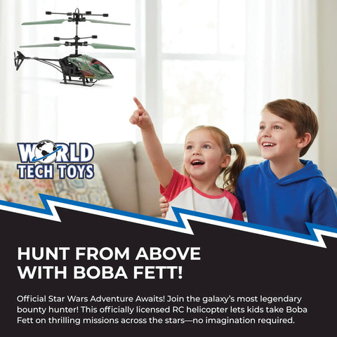 Children playing with Boba Fett RC Helicopter For Kids 8+ Easy Fly Remote Control Toy With LED Lights Durable Polymer Body