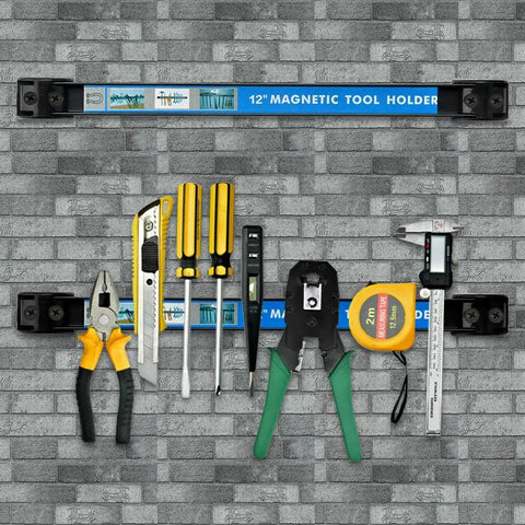 Four Piece 12 Inch Magnetic Tool Bar Set For Garage And Workshop, Heavy Duty Black Metal Organizer With Tools Displayed