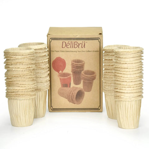Unbleached Paper Filters For Reusable Carafe Fits All Brands 100 Count Box Compostable And Disposable For Mess Free Brew Of Coffee Or Tea Eco Friendly Kitchen Accessory displayed with packaging and stacks of filters