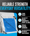20x20 Waterproof Tarp With Grommets Every 18 Inches 5 Mil Heavy Duty Reversible Blue Silver Rain Cover displayed with features