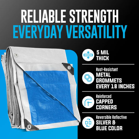 10x20 Heavy Duty Tarp Waterproof Plastic Tarp With Grommets Every 18 Inches 5 Mil Thick All Weather Rugged Multipurpose Rain Cover For Outdoor Garden Camping And Emergency Survival Reversible Tarpaulin In Blue And Silver, showing features and design.