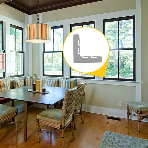 Quick Swap White Plastic Window Screen Corner Keys For Storm Frame Assembly, shown in a bright dining area.