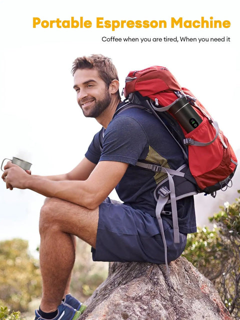 Man with backpack using the Kickstart Your Journey With This Grab And Go Portable Espresso Machine outdoors.