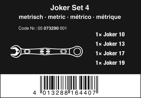 Joker 4pc Metric Ratcheting Combination Wrench Set packaging showing sizes 10, 13, 17, 19 mm with secure jaw plate and limit stop.