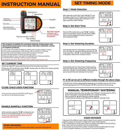 Instruction manual for Outdoor Misting Cooling System Kit with timer settings and operation details.
