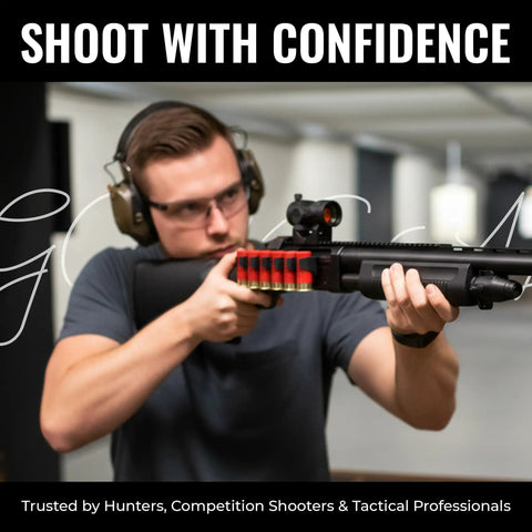 Man aiming shotgun with Six-Shell 12 Gauge Picatinny Side Saddle Shell Holder With Fast Access Reloads for hunting and home defense.