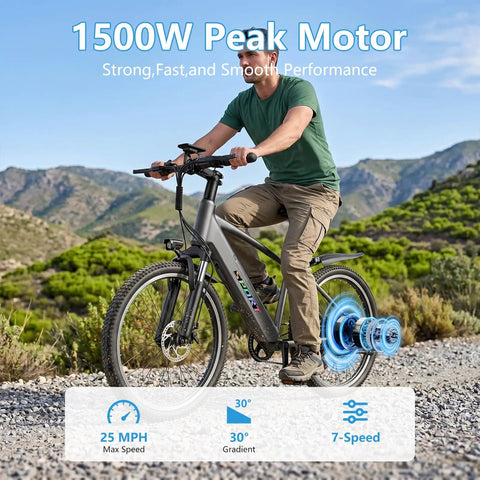 Person riding Awesome 1500W Peak Ebike for adults with removable 48V 12Ah battery and 26 inch wheels on a gravel path