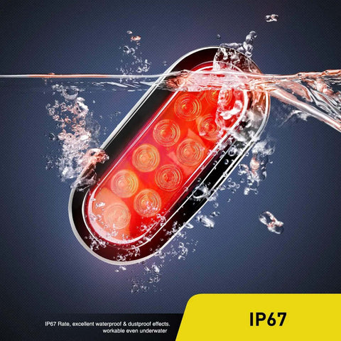 6 Inch Oval Red LED Tail Lights 2 Pack With Surface Mount Grommets IP65 Waterproof illustrating underwater durability