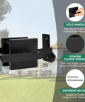 Heavy Duty Left Inswing Gate Latch with dual handles, self-locking mechanism, black aluminum, for wooden gates