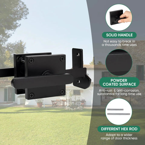 Heavy Duty Left Inswing Gate Latch with dual handles, self-locking mechanism, black aluminum, for wooden gates