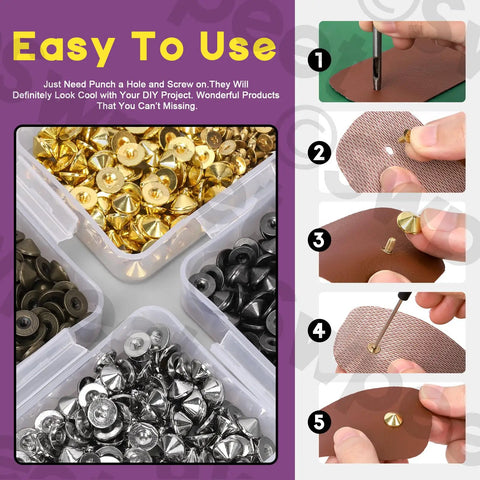 Top Shelf Silver Cone Spikes And Studs Hardware Kit Includes Hole Punch And Screwdriver For Custom Leather Craft Clothing Shoe Embellishments And Badass Accents showing various metallic studs in containers.