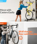 Comparison of Vertical Bike Stand Freestanding Rack With Adjustable Height For 29 Inch Wheels 360 Degree Lockable Wheels Portable Indoor Bike Holder For Garage Or Apartment and wall-mounted bike storage.