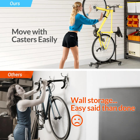 Comparison of Vertical Bike Stand Freestanding Rack With Adjustable Height For 29 Inch Wheels 360 Degree Lockable Wheels Portable Indoor Bike Holder For Garage Or Apartment and wall-mounted bike storage.