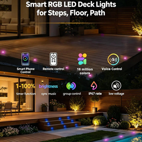 LED Deck Lights Kit 20 Pcs 1.22 Inch RGB Recessed Low Voltage Outdoor Deck And Stair Lights With WiFi App Control Waterproof