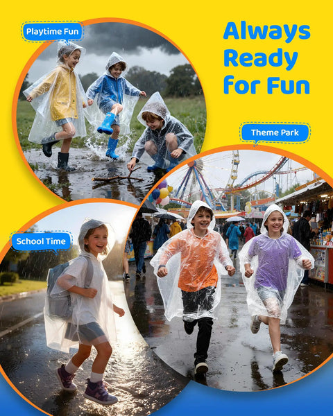 Children playing in rain wearing Family Pack Disposable Kids Poncho With Drawstring Hood Waterproof Lightweight Breathable Emergency Rain Gear