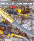 18 Ft Natural Gas Hose With Quick Connect For Propane To Natural Gas Conversion mounted on a brick wall