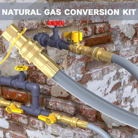 18 Ft Natural Gas Hose With Quick Connect For Propane To Natural Gas Conversion mounted on a brick wall