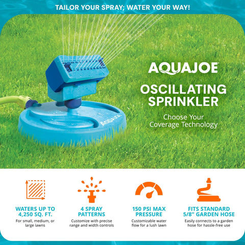 Mini Oscillating Sprinkler On Sled Base With 20 Nozzles And 4 Spray Patterns For Precision Watering on lawn, connected to hose